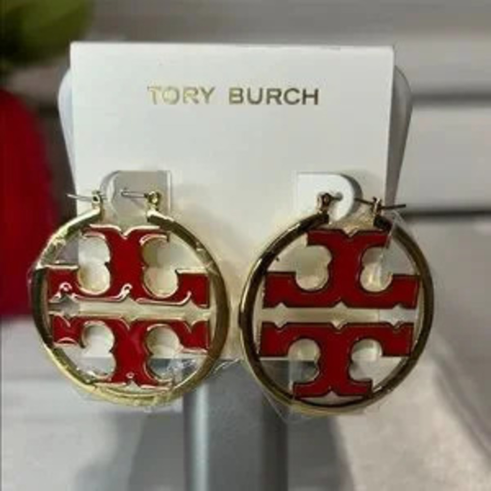 Brand new Tory Burch red and gold hoop earrings